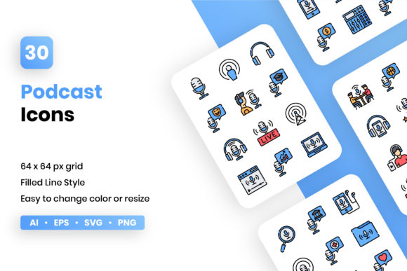 Podcast Filled Line Icon Set: Versatile and Stylish